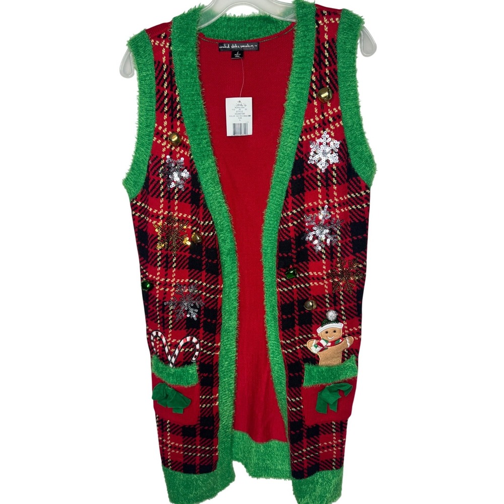 United States Sweaters NWT Christmas Vest Plaid Sequins Bells Gingerbread Red L